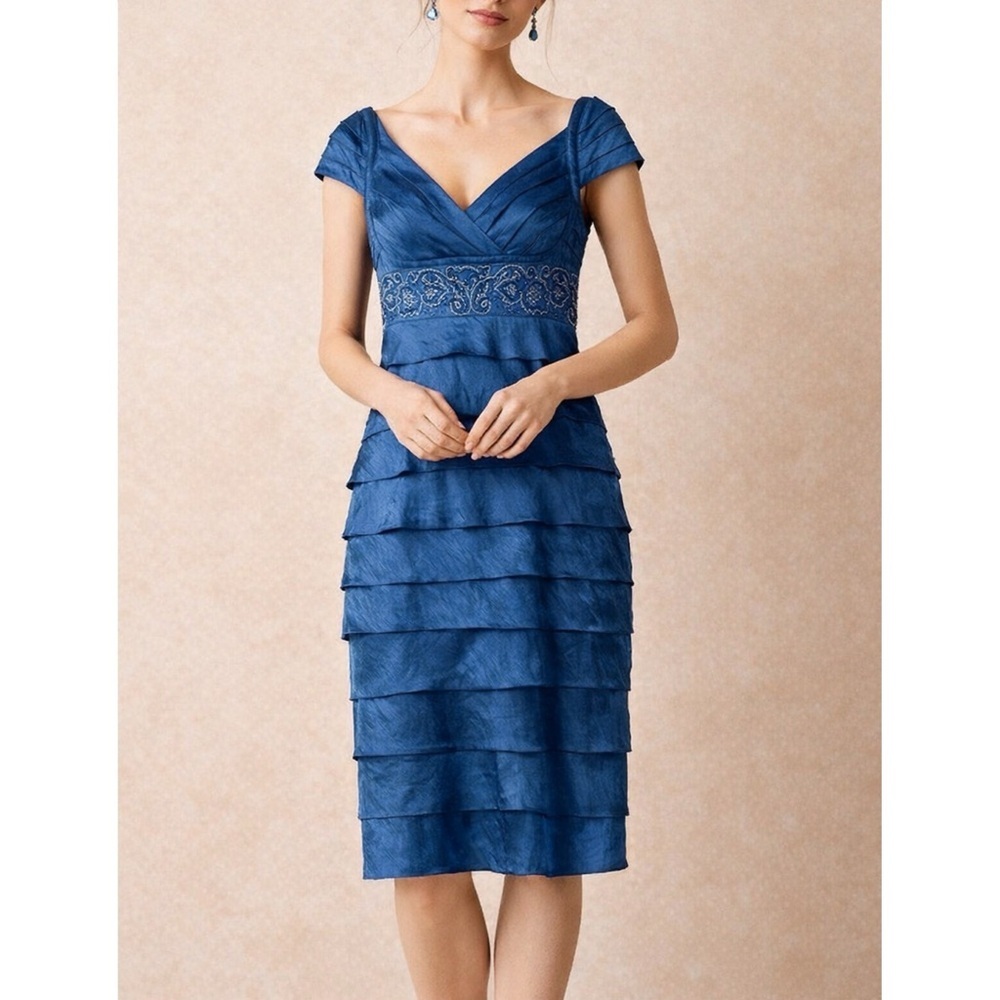 Adrianna Papell Occasions Blue Embroidered Tiered Beaded Cocktail Dress 8